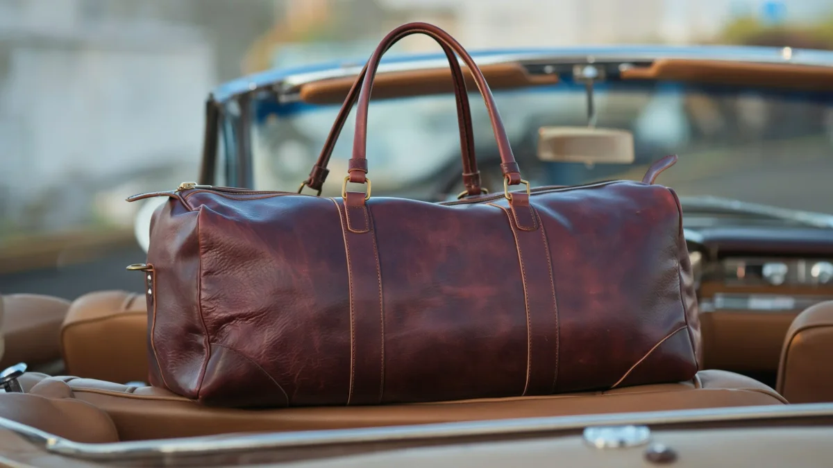 Oxblood leather duffel on the back seat of a vintage convertible